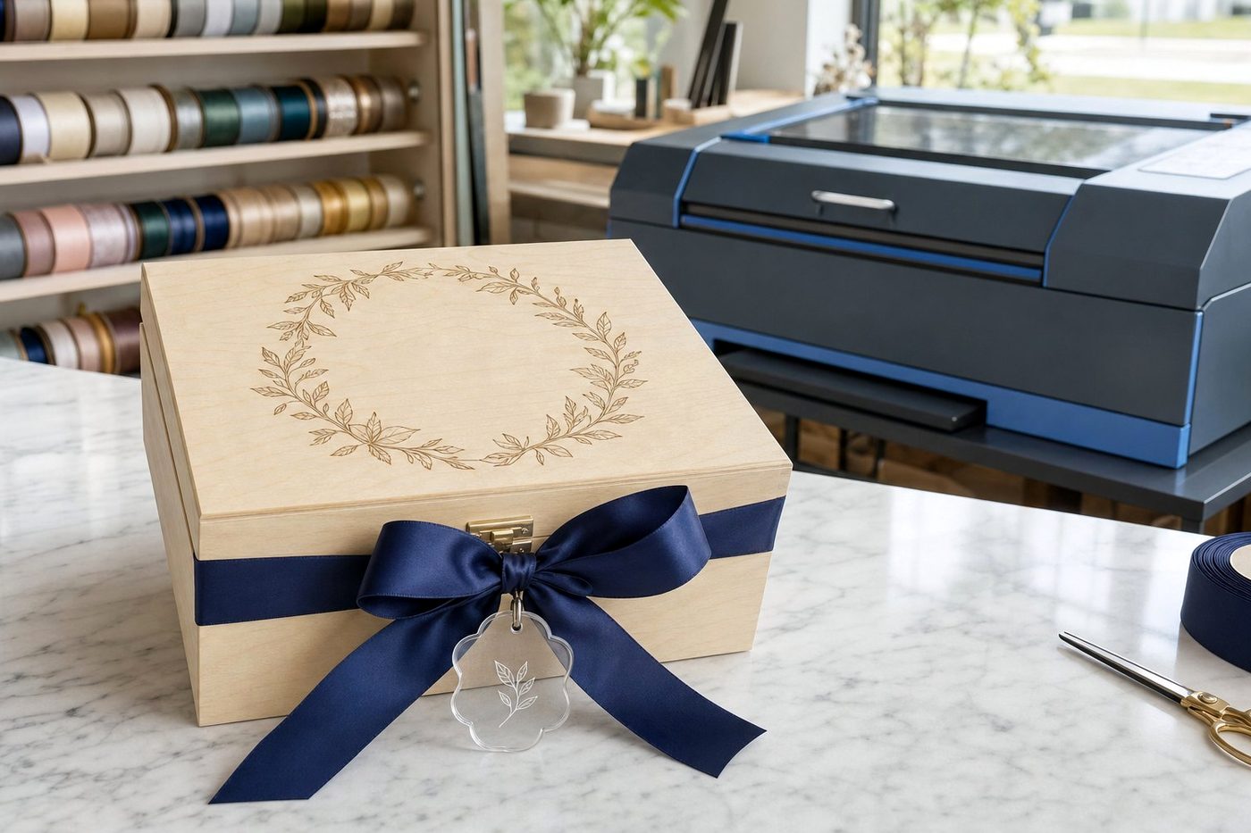 Birch hamper box with an engraved leaf wreath lid, tied with navy satin ribbon and a clear acrylic leaf tag