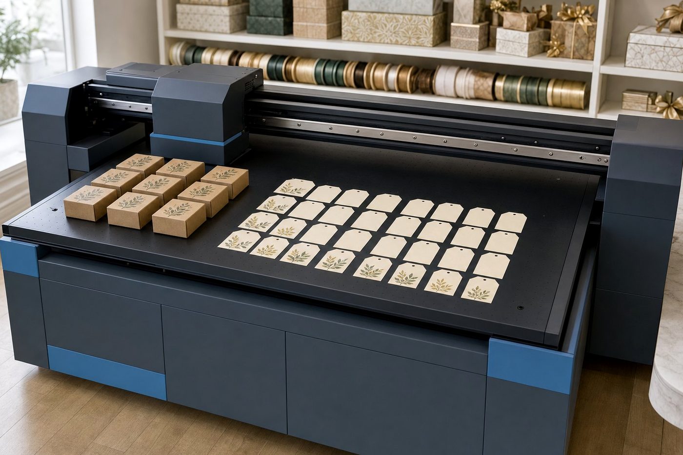 Flatbed UV printer printing green and gold leaf motifs onto rows of cream gift tags and kraft favour boxes
